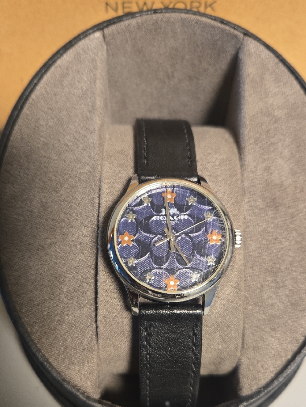 Coach Women's Blue Floral Dial Silver-Tone Watch with Black Leather Strap - Picture 3 of 4